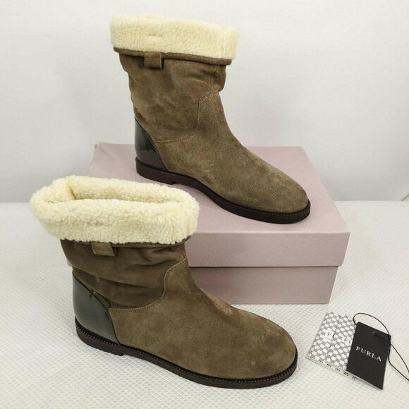 New Furla Melany Suede Brown Shearling Boots - Picture 1 of 7